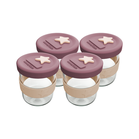 Silicone & Glass Baby Food Storage Containers 4PK 180ml - Dusty Rose & Sand